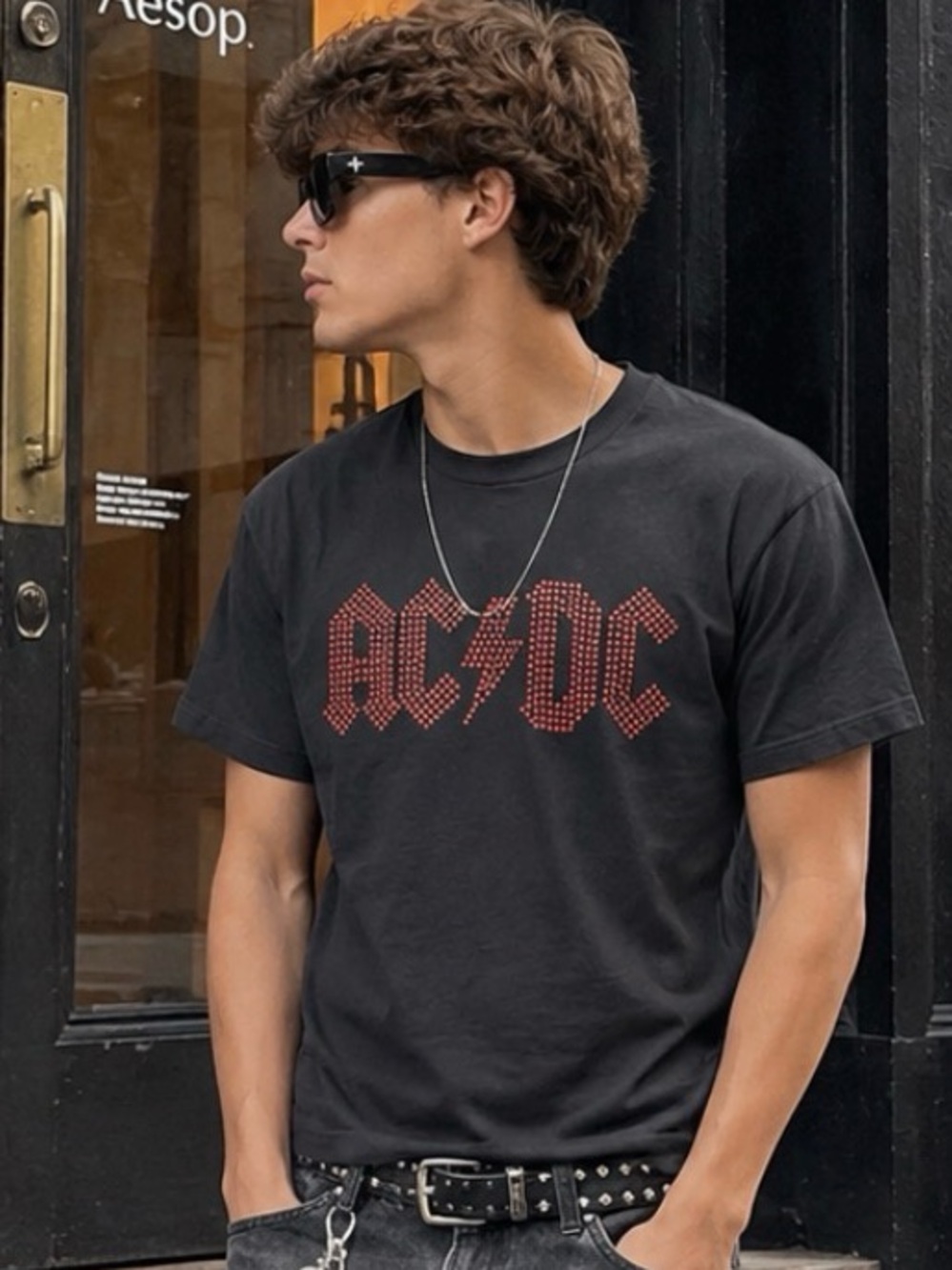 AC/DC Black Tee with Red Stud Logo